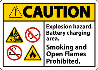 Caution Sign Explosion Hazard, Battery Charging Area, Smoking And Open Flames Prohibited