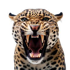 front view of ferocious looking Jaguar animal looking at the camera with mouth open isolated on a transparent background  - obrazy, fototapety, plakaty