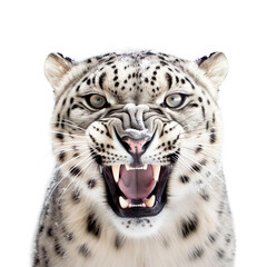 Fototapeta na wymiar front view of ferocious looking Snow Leopard animal looking at the camera with mouth open isolated on a transparent background 