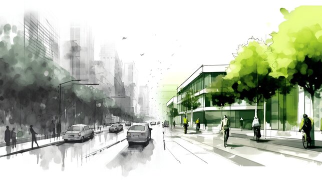 Comparison contrasting a smog-filled street, heavy with traffic, and a green, eco-friendly pedestrian street adorned with bike lanes. Environmental impact of our transportation choices. Generative AI