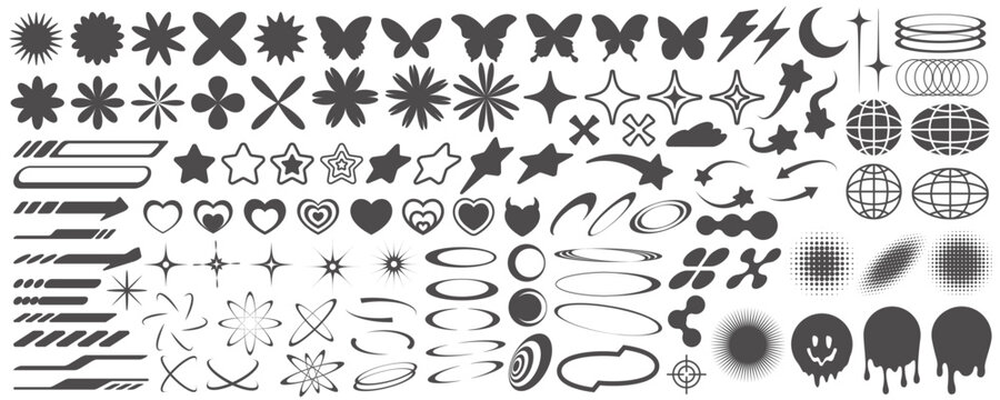 Y2k icons. Retro graphic elements for design. Modern rave symbols. Abstract geometric stars sparkles and futuristic shapes. Vector set of hearts, flowers and planets stickers.