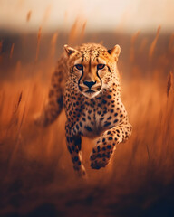 Fototapeta na wymiar Stealthy Morning Stalker: Front View of a Cheetah Hunting in the African Savannah Grassland. Created with Generative AI Technology