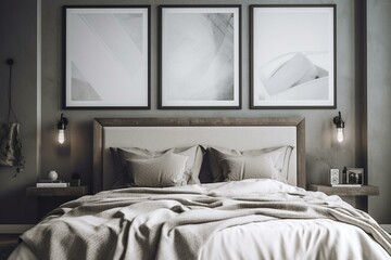 Contemporary bedroom with comfortable linens and empty photo frame on wall. Generative AI