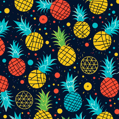 Vector seamless pattern with hand drawn pineapple fruits on colorful geometrical background in Memphis style. Colorful seamless pattern of hand drawn pineapple. Summer background, fruit print.