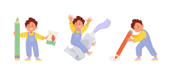 Children art and design school concept. Artist boy is drawing doodles