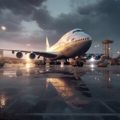 Fototapeta na wymiar Huge passenger airplane parked on the tarmac at an airport. airport runway. Generative AI