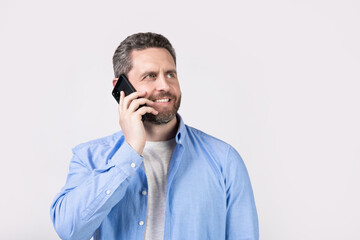 communication call of happy man. having communication call. man has communication call on phone isolated on studio background. man with communication call in studio.