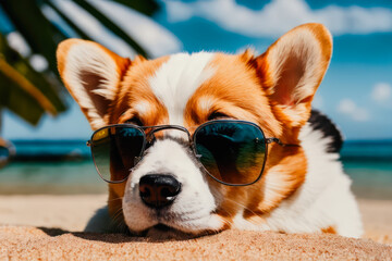 Digital photo of a cute Corgi lies on the tropical beach on a sunny day. Wildlife imagery, the concept of ecological environment. Generative AI