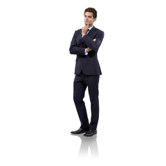Thinking, choice and portrait of business man on transparent background for news, confused and...
