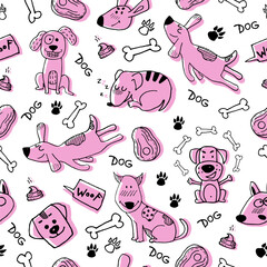 Funny seamless pattern with hand drawn doodle dogs, paw prints