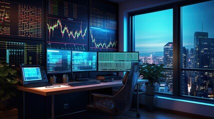 Stock market and trading screen monitors on the table. generative AI