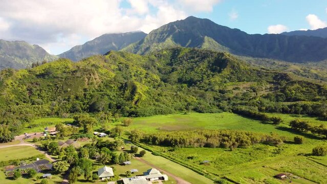 Breathtaking Aerial panoramic shot of Hanalei Valley and green mountains near Princeville, Kauai, Hawaii