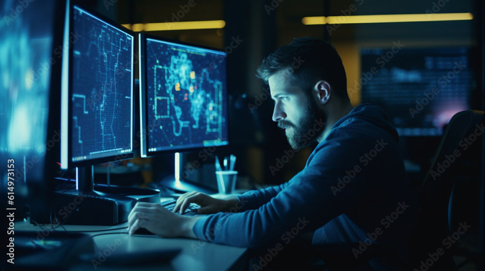 Poster scientist analyzing data on a computer screen in a genetics laboratory at night