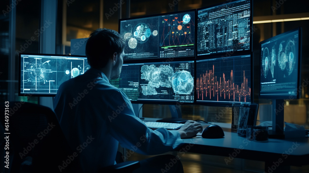 Poster a scientist analyzing data on a computer screen in a genetics laboratory at night, generative ai