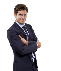 Arms crossed, businessman and portrait for work isolated on a transparent, png background....