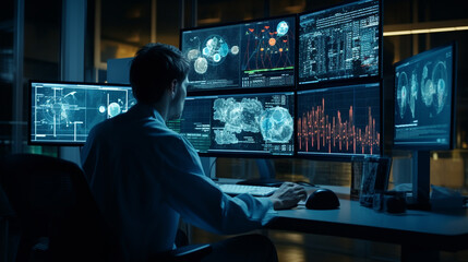  a scientist analyzing data on a computer screen in a genetics laboratory at night, Generative AI	
