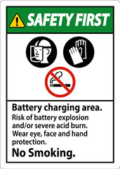 Safety First Sign Battery Charging Area, Risk of Battery Explosion or Severe Acid Burn, No Smoking
