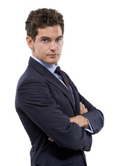 Arms crossed, business man and serious for work isolated on a transparent, png background. Professional, employee and male person with confidence and corporate suit for career and job success