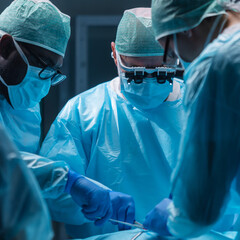 Team of medical doctors performs surgical operation in modern operating room using high-tech...
