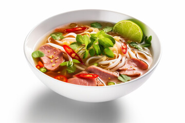 dinner traditional food dish white bowl asian noodle background broth soup. Generative AI.