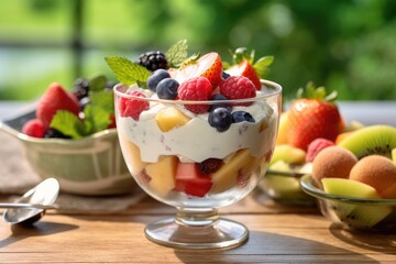 Fruit salad with yogurt on table. Generative AI