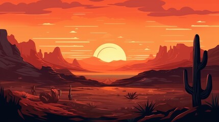 Wild Western Texas desert sunset with mountains and cactus. Generative AI