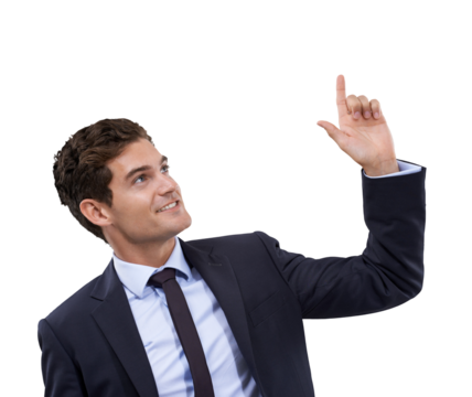 Business promotion, pointing up or happy man gesture at sale discount deal, corporate info or notification. Promo commercial, brand logo or professional person isolated on transparent, png background