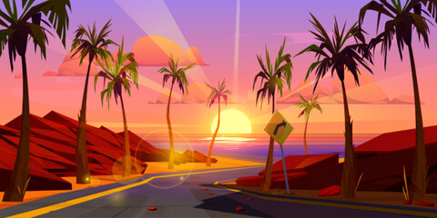 Tropic sunset highway to sea beach. Vector cartoon illustration of dangerous road with sharp turn warning sign, rocky stones and palm trees along empty coastline way, evening sky with orange clouds