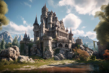 Fantasy scene with fantasy castle in the forest. Generative AI