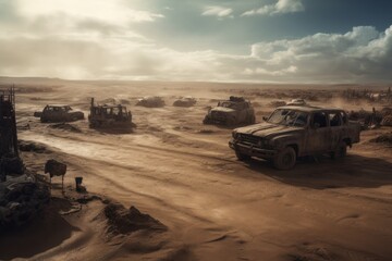 Off-road vehicle in the desert at sunset. Generative AI