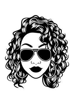 Afro Woman Curly Hairstyle with aviator sunglasses and big Earrings Pretty Black Girl line art vector 