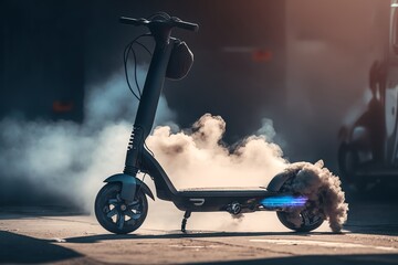 Electric Scooter catch Fire, Battery blast explosion, smoke from e-scooter. Charging electric scooter safety. generative AI.