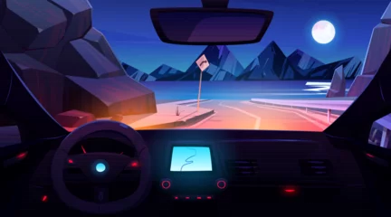 Photo sur Plexiglas Voitures de dessin animé Inside view of car driving on road. Vehicle interior with dashboard, steering wheel, gps navigator and view to highway and landscape with sea and mountains at night, vector cartoon illustration