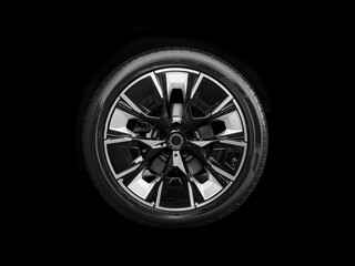 Car alloy wheel and tyre isolated on black background. New alloy wheel with tire. Alloy rim isolated. Car wheel disc. Car spare parts.