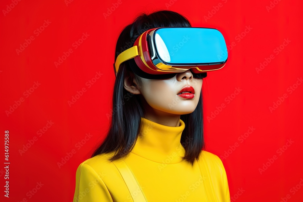 Wall mural beautiful asian woman wearing virtual reality goggles.Generative Ai