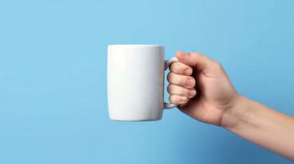 A product mockup in a hand holding a cup, with a white space in it for branding or logo placement, simple blue color background, Generative AI	
