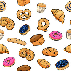 Seamless pattern with baking. Hand drawn vector doodle illustrations of sweet pastries