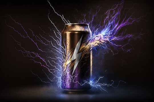 Energy drink in metal can with electric lightnings and sparks. Energetic drink. generative AI