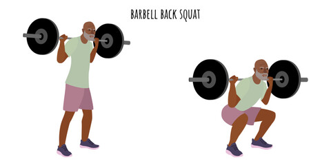 Senior man doing barbell back squat exercise