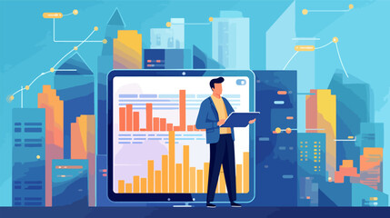 illustration of a man reading online financial charts with a tablet. Concept of stock investment and money management.