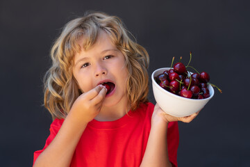 Kid picking and eating ripe cherries. Happy child holding fresh fruits. Healthy organic berry cherry fruit, summer season.