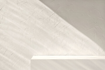 Empty neutral light beige textured podium stage background with abstract lifestyle sunlight...