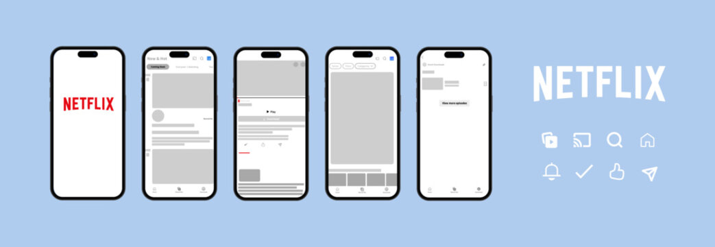 Netflix app. Application template for viewing content. Netflix streaming service. A popular streaming service for watching movies and series. Netflix app layout. Light and dark app theme.