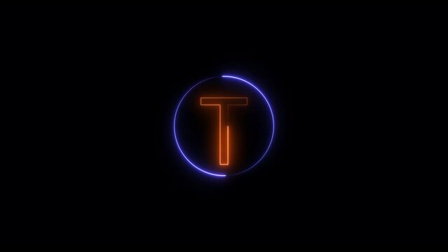  Abstract Neon light orange T text Animation. Blue circle animation. Black background 4k video.
