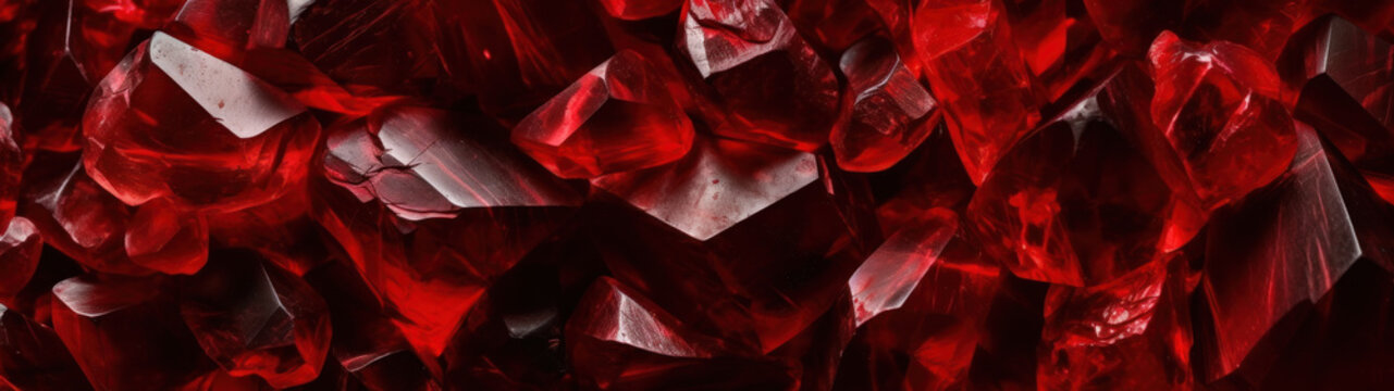 Closeup view of red transparent rocks or gemstomes for a banner. Generative AI