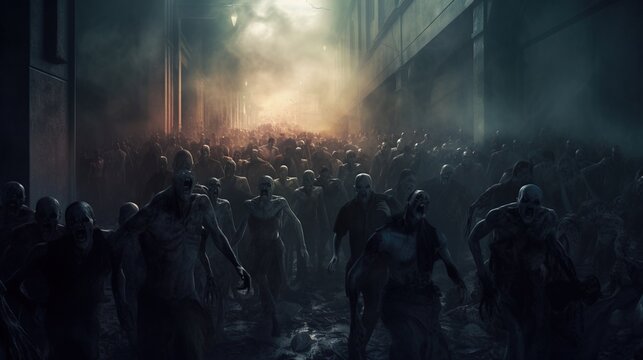 zombie crowd walking at night halloween concept. Generative ai.
