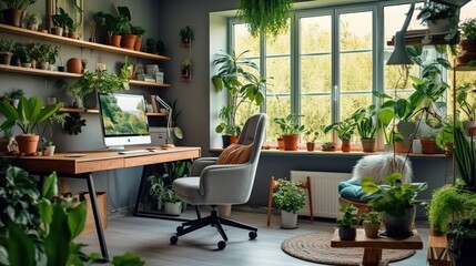 Fototapeta na wymiar A spacious home office with a large desk, comfortable seating, and plenty of natural light to boost productivity.. Generative AI