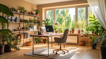 A spacious home office with a large desk, comfortable seating, and plenty of natural light to boost productivity.. Generative AI