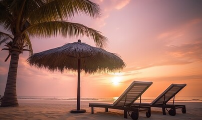 Romantic evening at the beach: two sun beds in tropical sunset Creating using generative AI tools