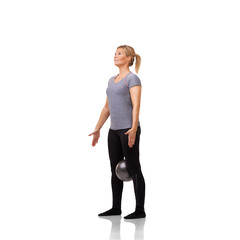 Fitness, woman with a exercise ball and isolated against a transparent png background for health wellness. Workout or training, practice with sportswear and female athlete with sports equipment.